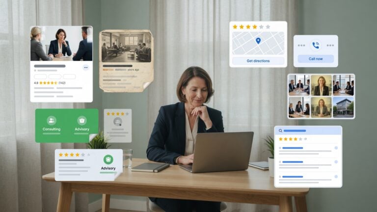 Professional reviewing a Google Business Profile with service details, reviews, photos, and outdated profile elements to assess whether the listing is helping or quietly hurting visibility.