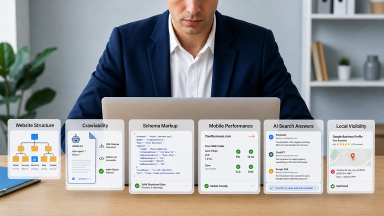 Mortgage broker reviewing technical SEO signals, website structure, schema, crawlability, AI search visibility, and local search clarity on a laptop.