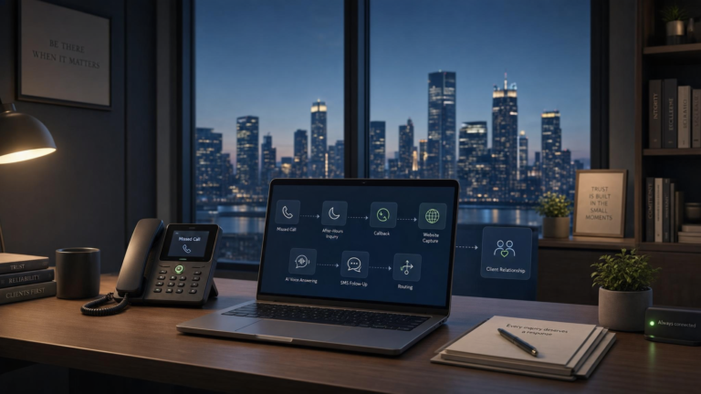 Professional firm receiving an after-hours inquiry with phone capture, callback routing, website capture, and AI voice answering options.